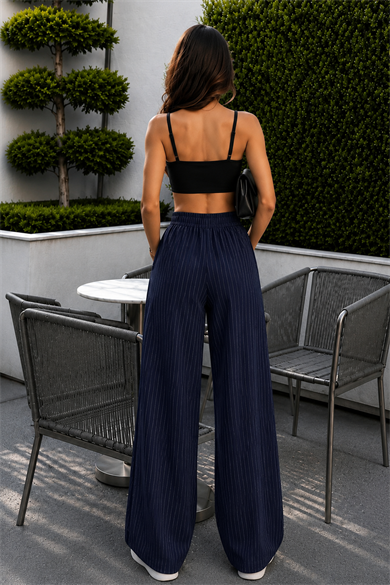 Lacivert Çizgili Beli Lastikli Pantolon Oversize Orjinal Kesim