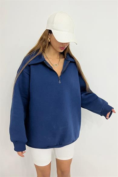 Lacivert Fermuarlı Polo Yaka 3 İplik Şardonlu Sweat