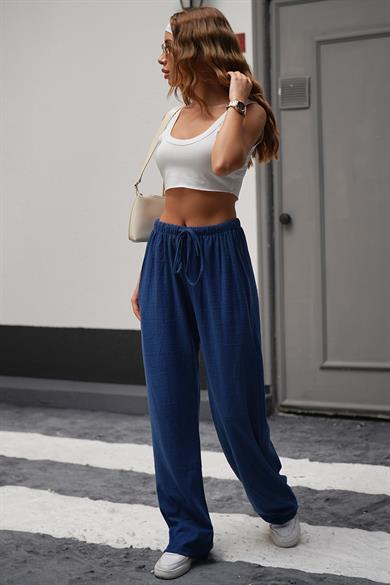 Lacivert Kışlık Keten Görünümlü Likralı Yüksek Bel Bol Paça Palazzo Eşofman Altı