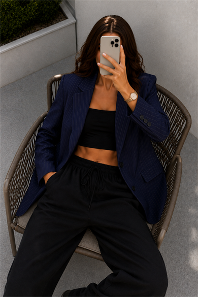 Lacivert Lazer Kesim Oversize Blazer Ceket