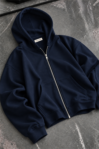 Lacivert Modal Oys Kumaş Demir Fermuarlı Kapüşonlu Cepli Oversize Sweatshirt