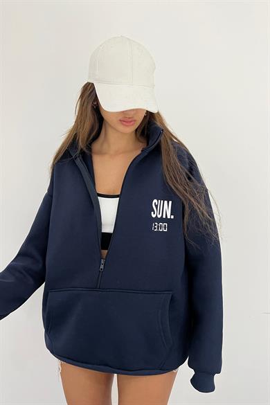 Lacivert SUN.13:00 Baskılı Fermuarlı Sweat