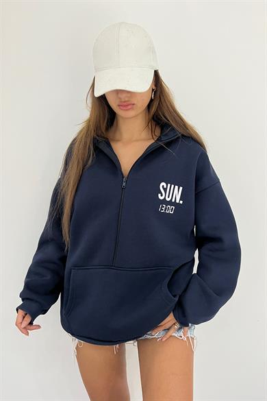 Lacivert SUN.13:00 Baskılı Fermuarlı Sweat