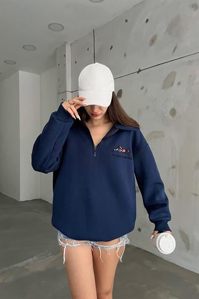 Lacivert The Montein Park Baskılı Fermuarlı Polo Yaka 3 İplik Şardonlu Sweat