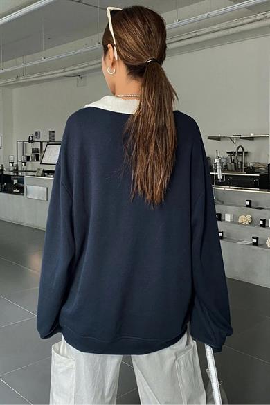 Lacivert Yakası Beyaz Düğmeli Polo Yaka Sweat