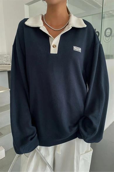 Lacivert Yakası Beyaz Düğmeli Polo Yaka Sweat