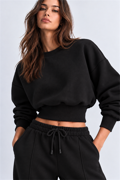SİYAH 3 Iplik İçi Şardonlu Kuşaklı Crop Sweatshirt