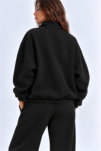 SİYAH 3 Iplik Içi Şardonlu Dik Yaka Demir Fermuarlı Oversize Sweatshirt