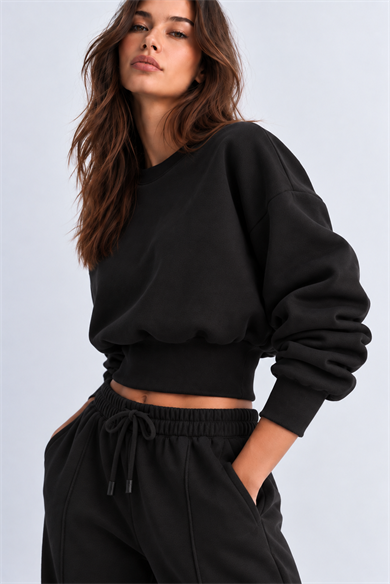 SİYAH 3 Iplik İçi Şardonlu Kuşaklı Crop Sweatshirt