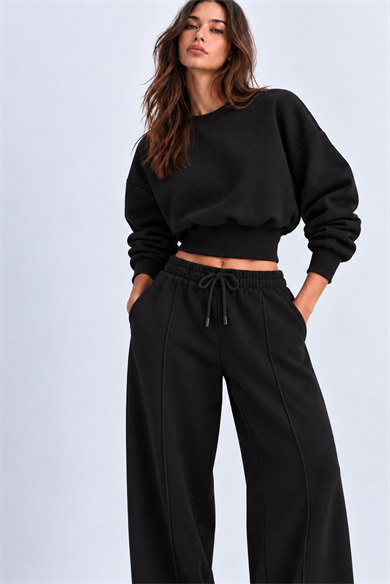 SİYAH 3 Iplik İçi Şardonlu Kuşaklı Crop Sweatshirt