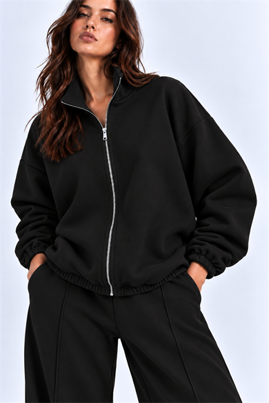 SİYAH 3 Iplik Içi Şardonlu Dik Yaka Demir Fermuarlı Oversize Sweatshirt