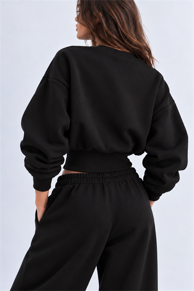 SİYAH 3 Iplik İçi Şardonlu Kuşaklı Crop Sweatshirt