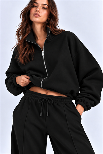 SİYAH 3 Iplik Içi Şardonlu Dik Yaka Demir Fermuarlı Oversize Sweatshirt