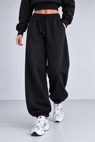 Siyah 3 İplik Polarlı Jogger Eşofman