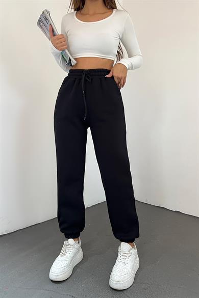Siyah 3 İplik Polarlı Jogger Eşofman