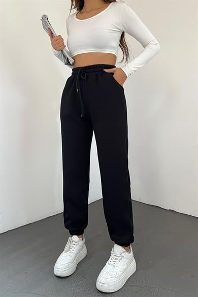 Siyah 3 İplik Polarlı Jogger Eşofman