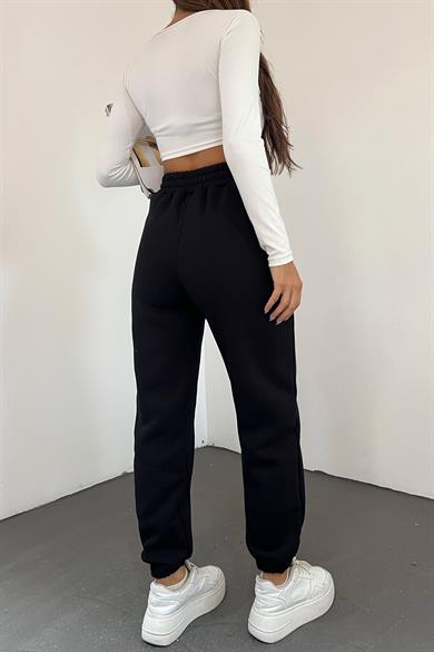 Siyah 3 İplik Polarlı Jogger Eşofman