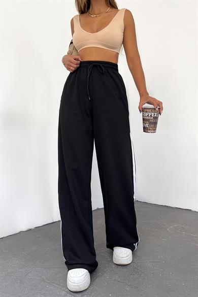 Siyah Çift Çizgili Bol Paça Eşofman Altı