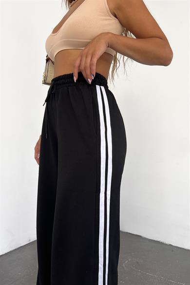 Siyah Çift Çizgili Bol Paça Eşofman Altı