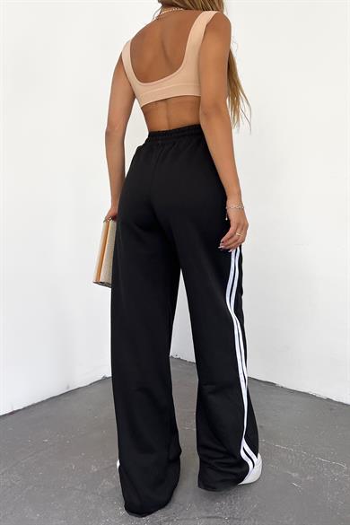 Siyah Çift Çizgili Bol Paça Eşofman Altı