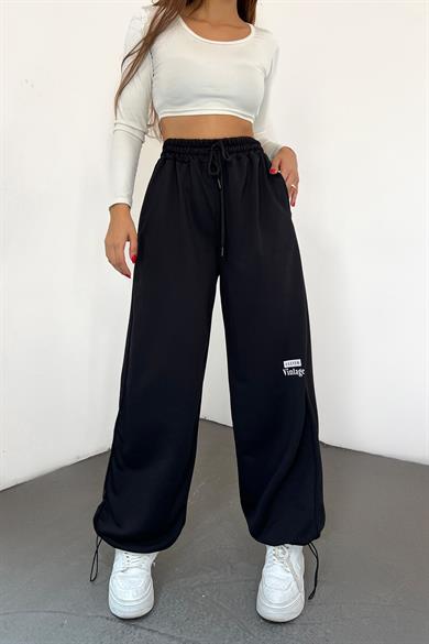 Siyah Clever Vintage Baskılı Paça Ayarlanabilir Palazzo Eşofman