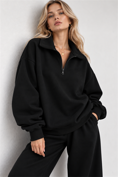 Siyah Fermuarlı Polo Yaka 3 İplik Şardonlu Sweat