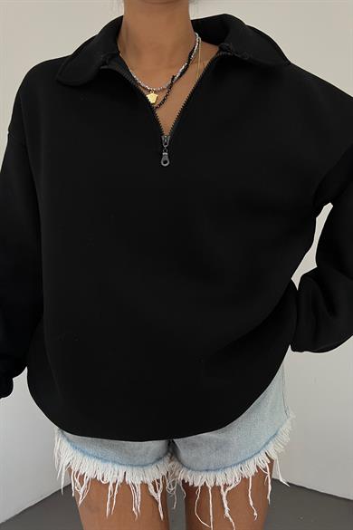 Siyah Fermuarlı Polo Yaka 3 İplik Şardonlu Sweat