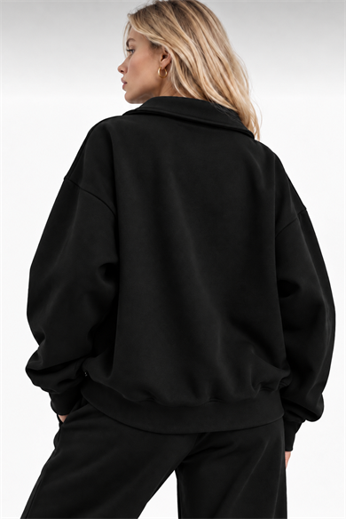 Siyah Fermuarlı Polo Yaka 3 İplik Şardonlu Sweat