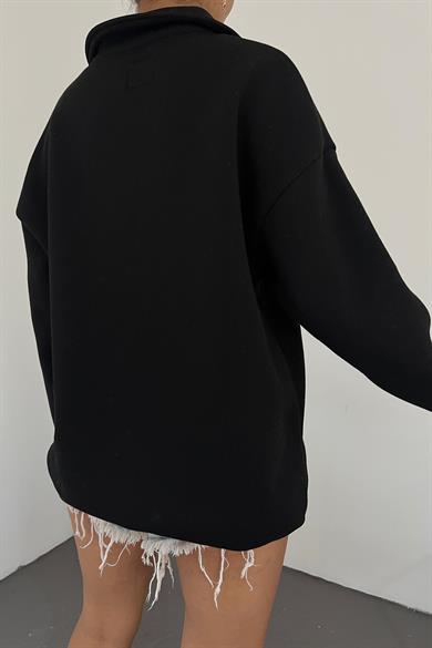 Siyah Fermuarlı Polo Yaka 3 İplik Şardonlu Sweat