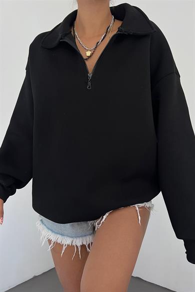 Siyah Fermuarlı Polo Yaka 3 İplik Şardonlu Sweat