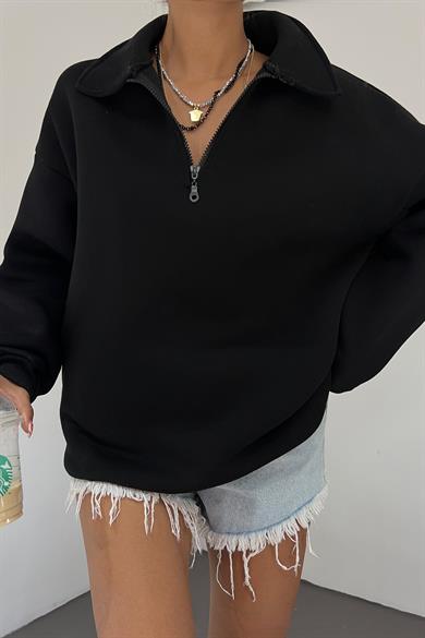 Siyah Fermuarlı Polo Yaka 3 İplik Şardonlu Sweat