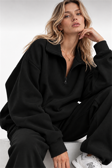 Siyah Fermuarlı Polo Yaka 3 İplik Şardonlu Sweat