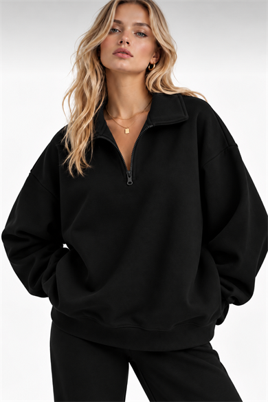 Siyah Fermuarlı Polo Yaka 3 İplik Şardonlu Sweat