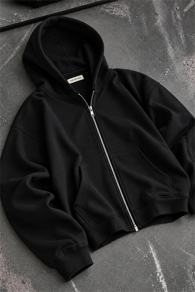 Siyah Modal Oys Kumaş Demir Fermuarlı Kapüşonlu Cepli Oversize Sweatshirt
