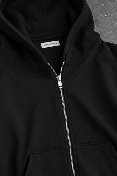 Siyah Modal Oys Kumaş Demir Fermuarlı Kapüşonlu Cepli Oversize Sweatshirt
