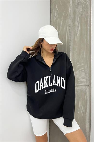 Siyah Oakland Baskılı Fermuarlı Sweat