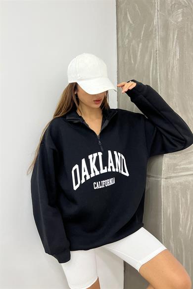 Siyah Oakland Baskılı Fermuarlı Sweat