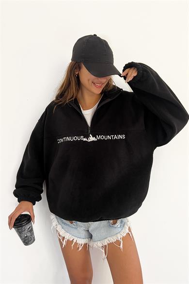 Siyah Polarlı Climbing Mountain Baskılı Fermuarlı Sweat