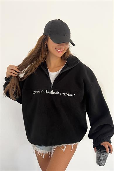 Siyah Polarlı Climbing Mountain Baskılı Fermuarlı Sweat