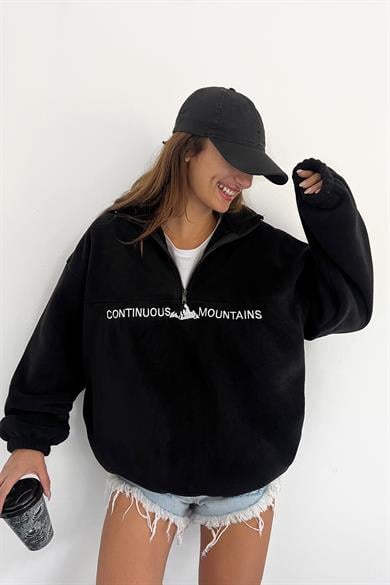 Siyah Polarlı Climbing Mountain Baskılı Fermuarlı Sweat