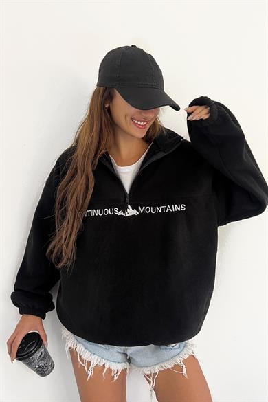 Siyah Polarlı Climbing Mountain Baskılı Fermuarlı Sweat