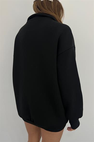 Siyah SUN.13:00 Baskılı Fermuarlı Sweat