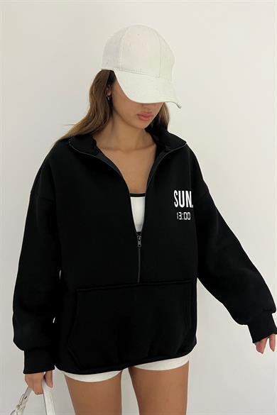 Siyah SUN.13:00 Baskılı Fermuarlı Sweat