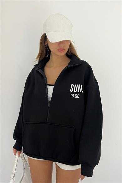 Siyah SUN.13:00 Baskılı Fermuarlı Sweat