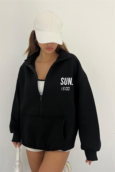 Siyah SUN.13:00 Baskılı Fermuarlı Sweat