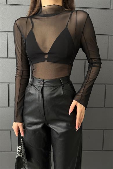 Siyah Tül Ters Dikiş Bluz Takım