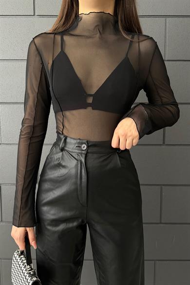 Siyah Tül Ters Dikiş Bluz Takım