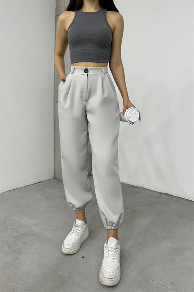 Sun Victoria Açık Gri Paçası Lastikil Yüksek Bel Bol Pantolon