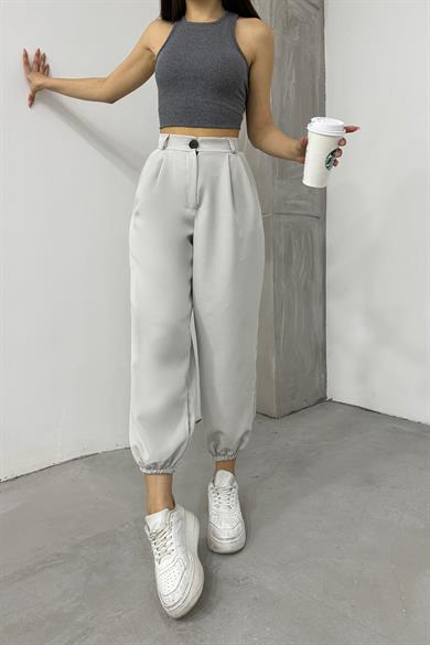 Sun Victoria Açık Gri Paçası Lastikil Yüksek Bel Bol Pantolon
