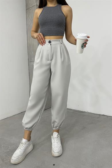 Sun Victoria Açık Gri Paçası Lastikil Yüksek Bel Bol Pantolon